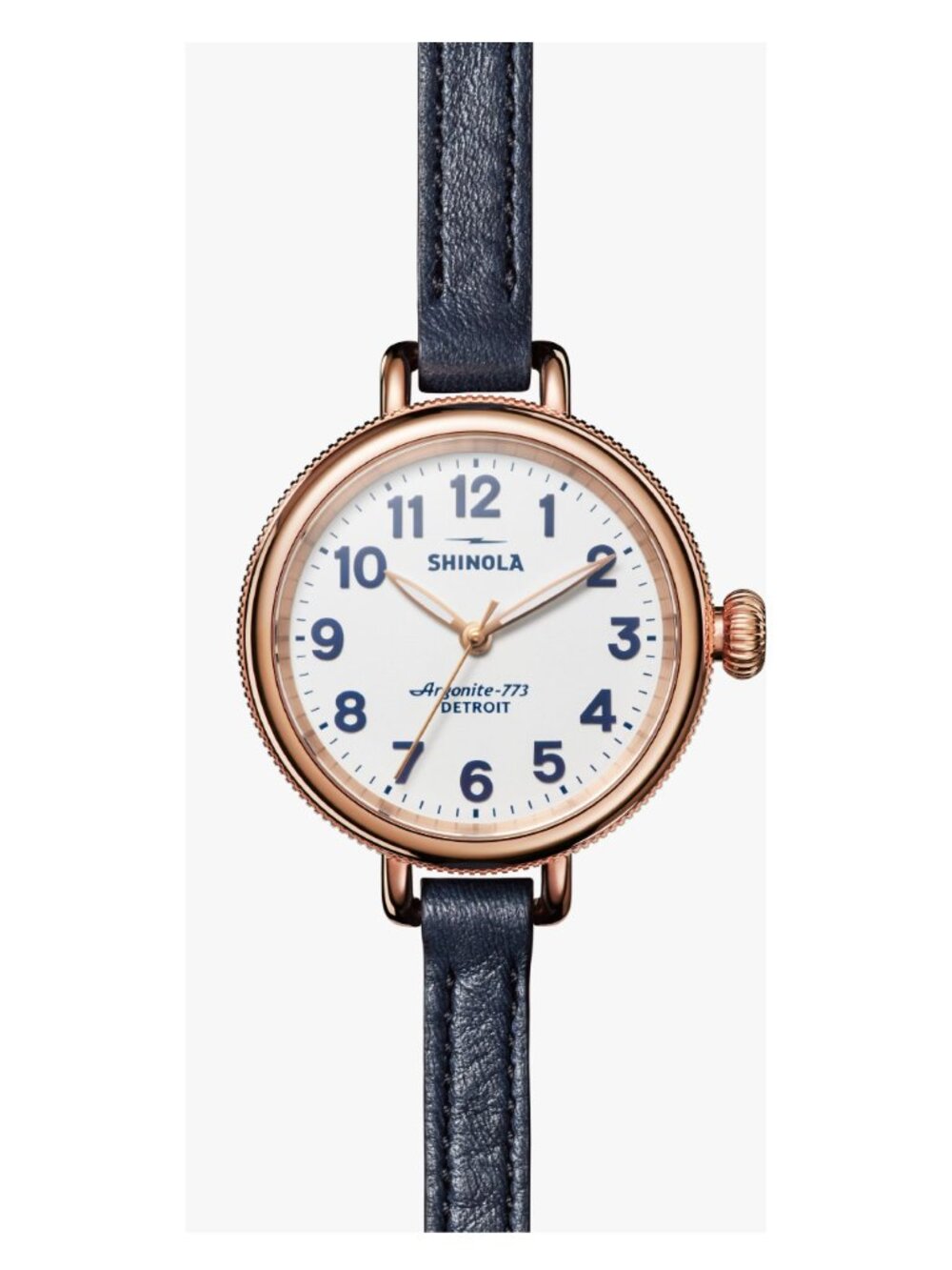 RARE Shinola "Birdy" 34mm Wrist Watch | Navy Blue Leather Strap | Rose Gold PVD